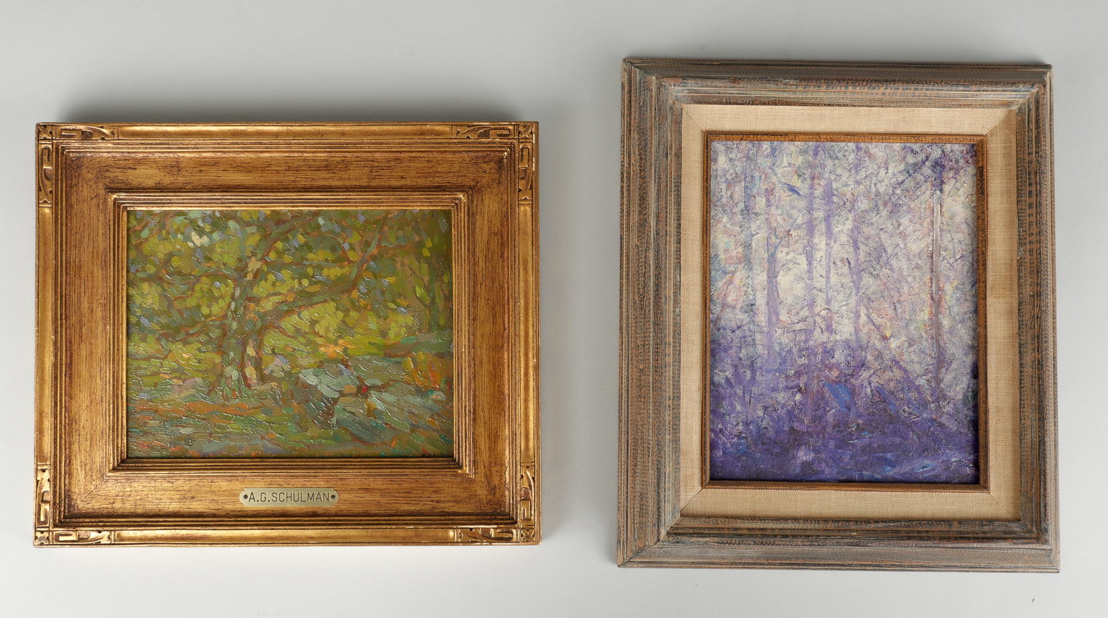 2 OIL PAINTINGS: Two oil paintings on board, framed. One with a brass plaque on the front and marked on the bottom right in black ink 'A.G. Schulman,' affixed in a gilt wood frame, 6 7/8 x 9 1/8 inches sight, 13.75 x 