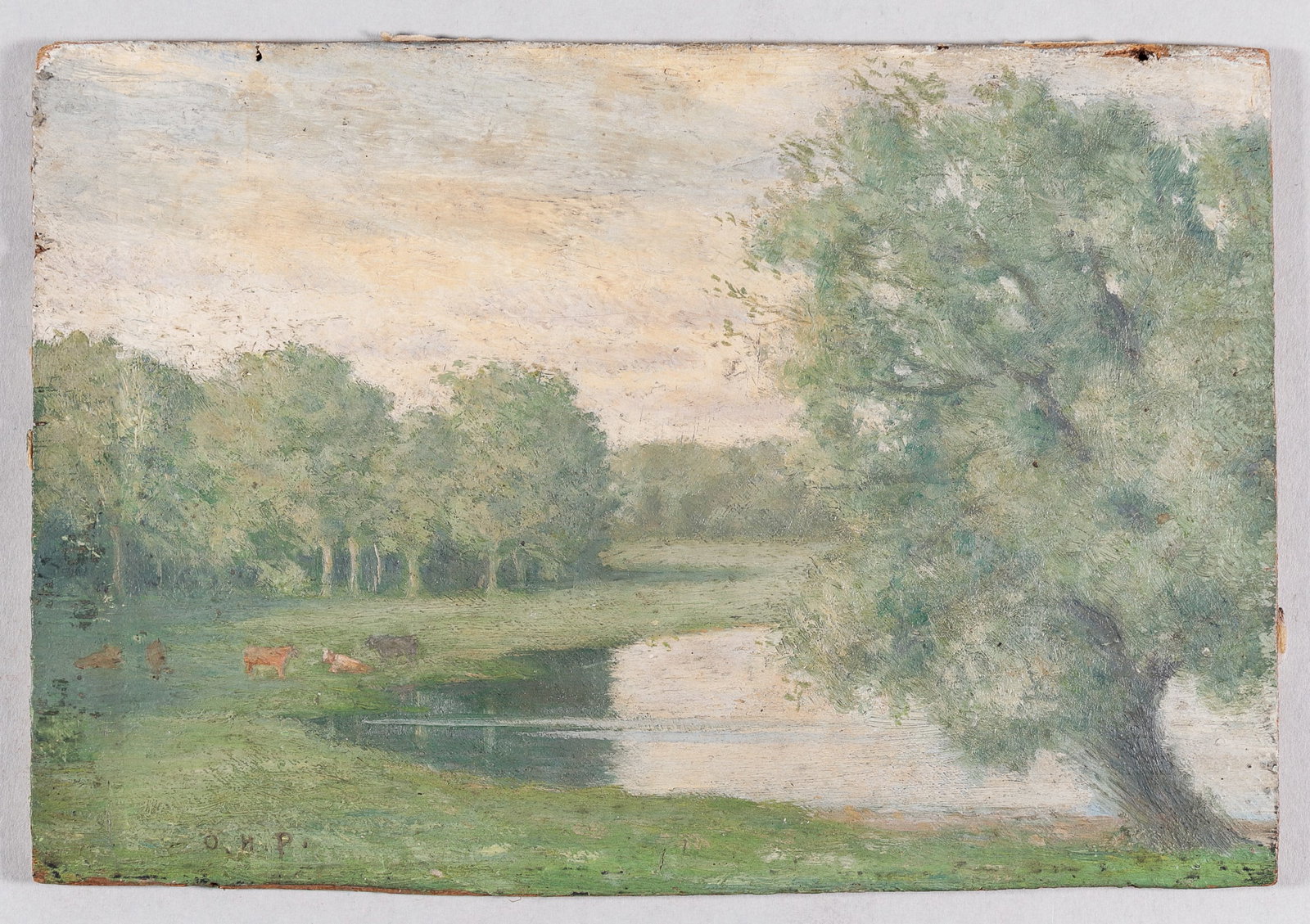 ANTIQUE OLIVER HAZARD PERRY OIL ON BOARD PAINTING: Original antique oil on board painting by Oliver Hazard Perry (b. 1846), signed in the bottom left 'O. H. P.,' painting done on a cigar box lid. Features a grassy scene with cows lying next to a pond.