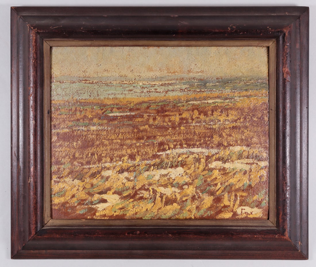 ANTIQUE SELDON FOX FRAMED OIL PAINTING: Antique oil on board painting of Higgins Beach, artwork by Seldon Fox (American 20th Century), 1915, marked in red oil in the bottom right 'Fox.' Marked on the reverse 'Higgins Beach March 1915 - To m