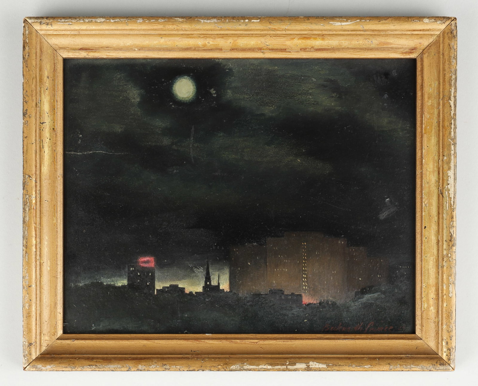 OIL PAINTING OF A NIGHT SKY IN THE CITY BY BECKWIRTH PRINCE: Oil painting of a city skyline at night, signed at bottom right 'Beckwirth Prince 29,' 9 5/8 x 7 3/8 inches sight, 9 5/8 x 11 5/8 inches total. Framed.
