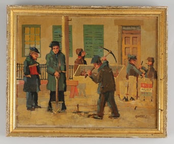 PAINTING OF A STREET SCENE BY L. BAKER