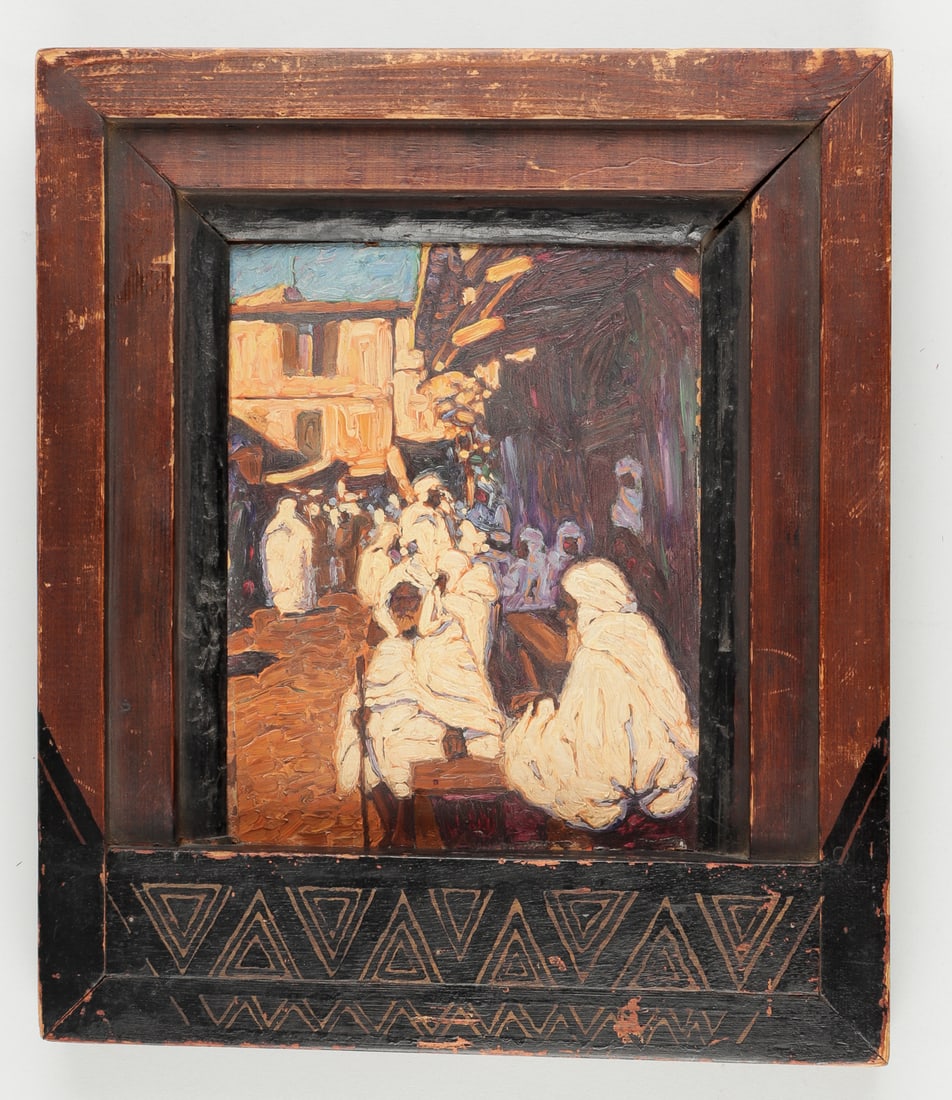 PAINTING OF AN AFRICAN CITY ROGER BONNARD: Original oil painting in vintage frame, including artwork of an African city, marked on the back 'Roger Bonnard,' some cracking to the frame, 7 3/8 x 9 3/8 inches sight, 13 x 15 1/8 inches total.