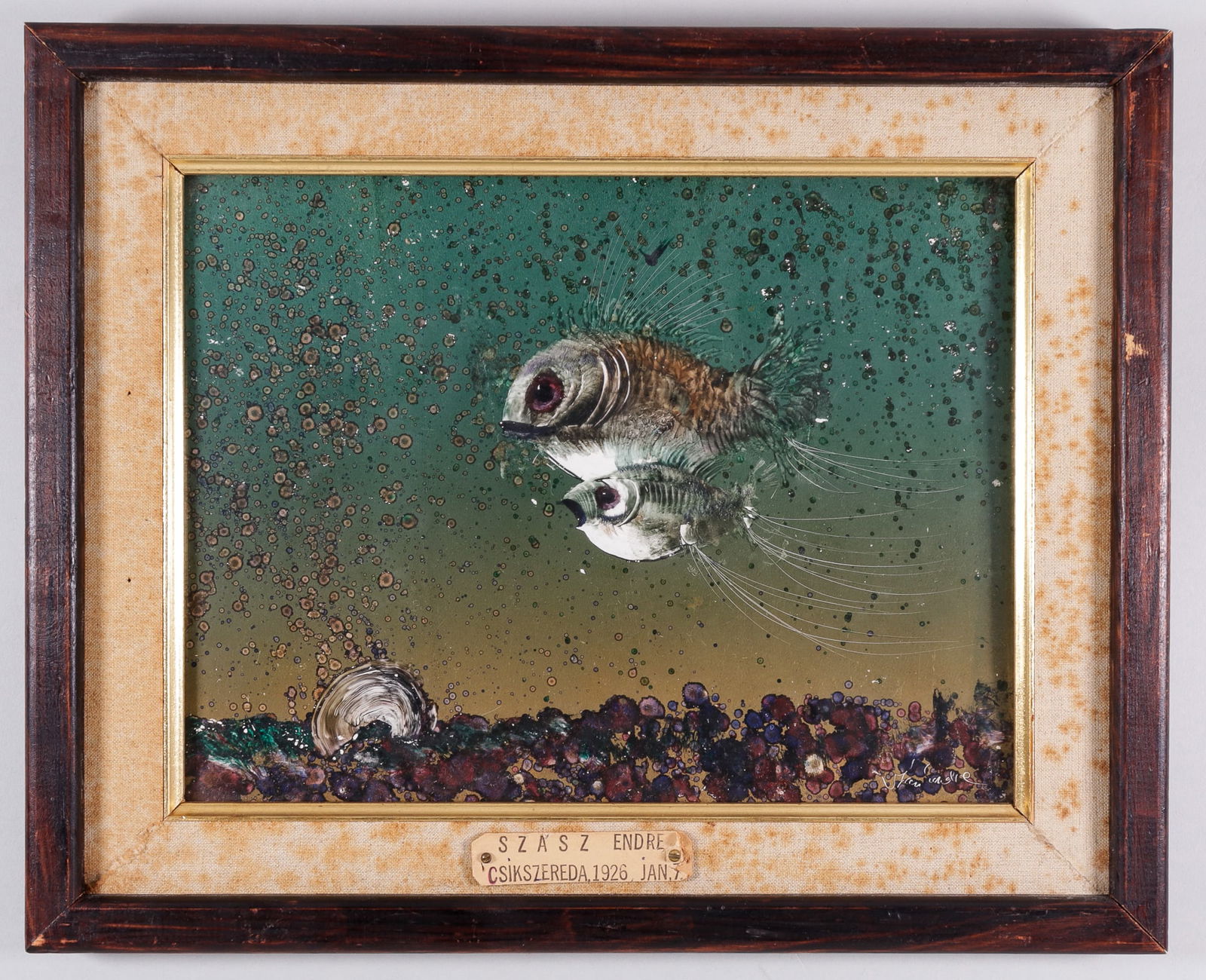 ENDRE SZASZ - THE FISH PAINTING: Oil on paper painting titled 'The Fish,' by Endre Szasz [Hungarian, 1926-2003] label on the front reads 'Szasz Endre Csikszereda, 1926 Jan 7.' Marked on the back 'Szasz Endre Csikszereda, 1926 Jan 7.'