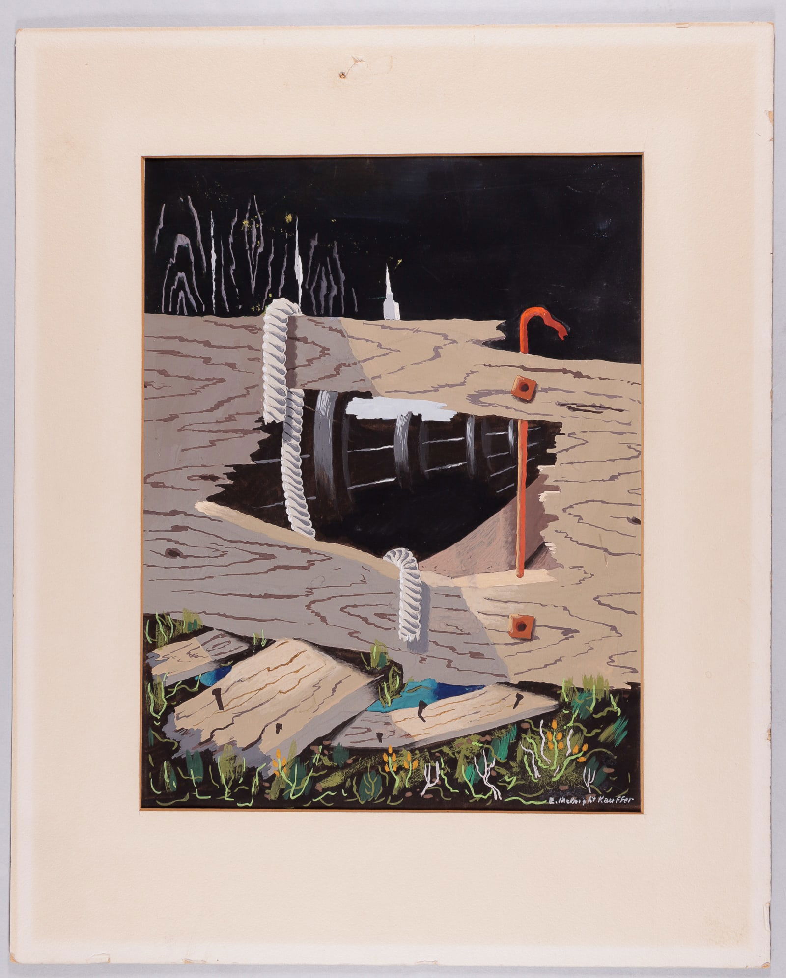 EDWARD MCKNIGHT KAUFFER ORIGINAL OIL PAINTING: Original oil painting of a worn interior of a ship's hull, most likely used as an illustration on a novel, signed in the lower right corner 'E. McKnight Kaufer,' for Edward McKnight Kauffer (1890-1954