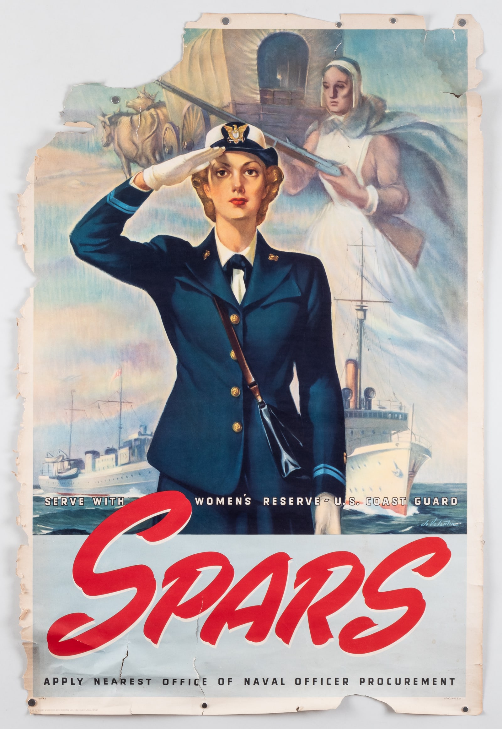 ORIGINAL WWII SPARS POSTER: Original WWII Spars poster: 'Service With Women's Reserve - U.S. Coast Guard' artwork by Jo Valentin. 28 x 43 inches. It shows some tears, loss, and creases.