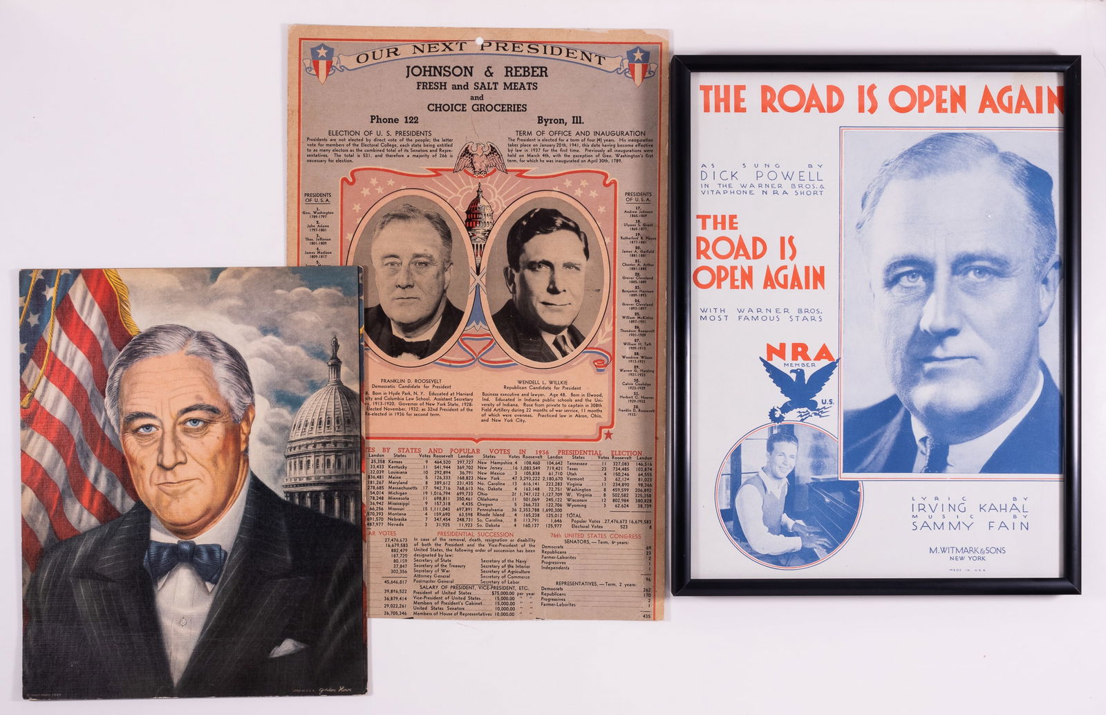 FRANKLIN D. ROOSEVELT: Lot of 7 Franklin D. Roosevelt campaign posters and 1933 official inaugural program, including four Franklin D. Roosevelt campaign posters, including a portrait of Roosevelt, artwork by Gordon Howe, l