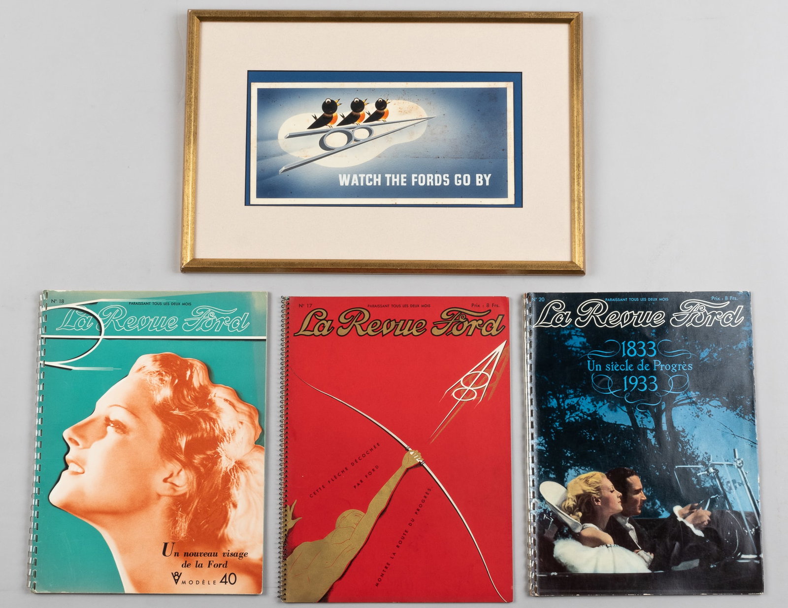 VINTAGE FORD MAGAZINES AND ADVERTISEMENT (4 PIECES): Three vintage Ford magazines and advertisements, including three copies of the vintage French Ford magazine 'La Revue Ford,' issues 17, 18, and 20, with many advertisements, articles, and color sample