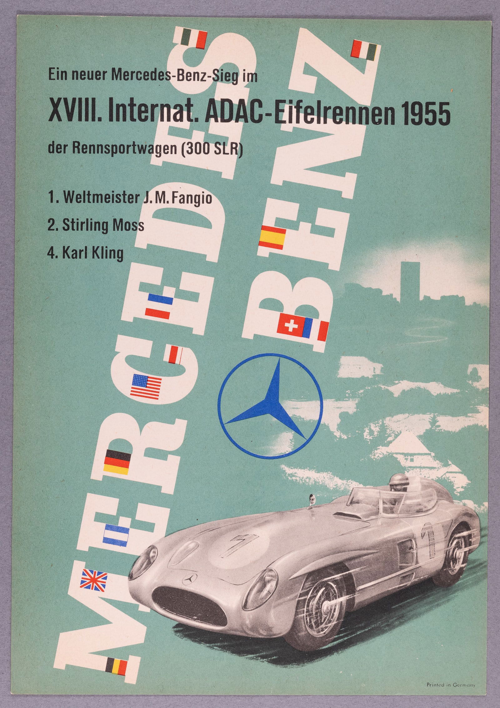 1955 MERCEDES BENZ EIFELRENNEN RACE POSTER ANTON STANKOWSKI: Original vintage 1955 Mercedes Benz Eifelrennen racing poster, artwork by Anton Stankowski (1906-1998), reads 'Ein neuer Mercedes-Benz-Sieg im - XVIII. Intern. ADAC-Eifelrennen 1955 - der Rennsportwag