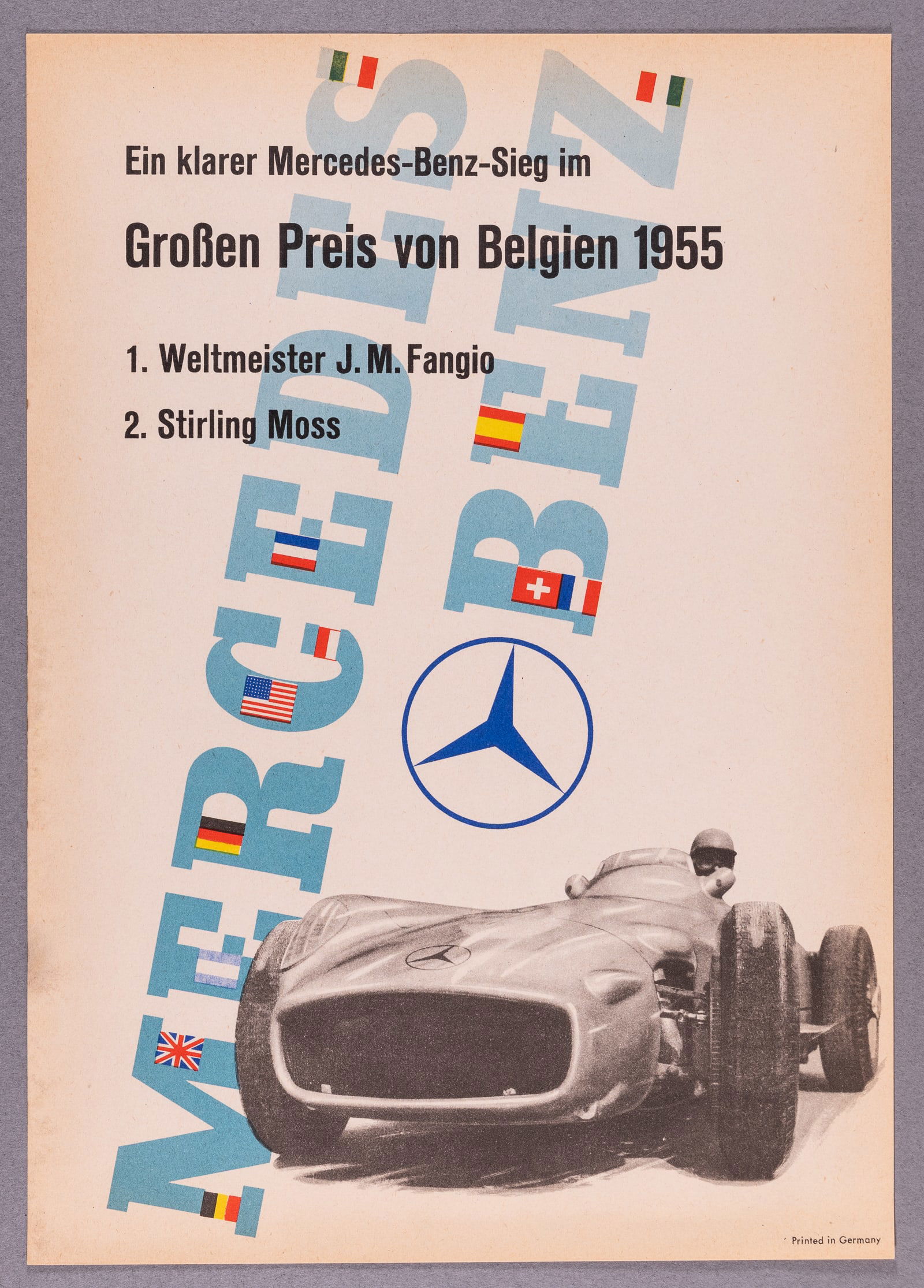 1955 MERCEDES BENZ BELGIAN RACE POSTER ANTON STANKOWSKI: Original vintage 1955 Mercedes Benz Belgian racing poster, artwork by Anton Stankowski (1906-1998), reads 'Ein klarer Mercedes-Benz-Sieg im - Grossen Preis von Belgien 1955 1. Weltmeister J. M. Fangio