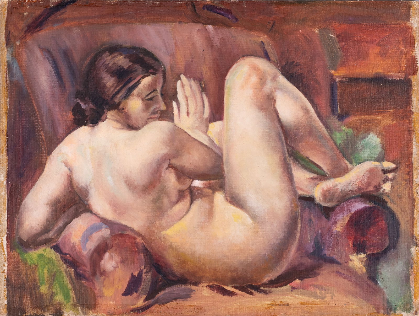 FEMALE NUDE PAINTING: Female nude painting, oil on masonite board. 12.25 x 16 inches. Unframed.