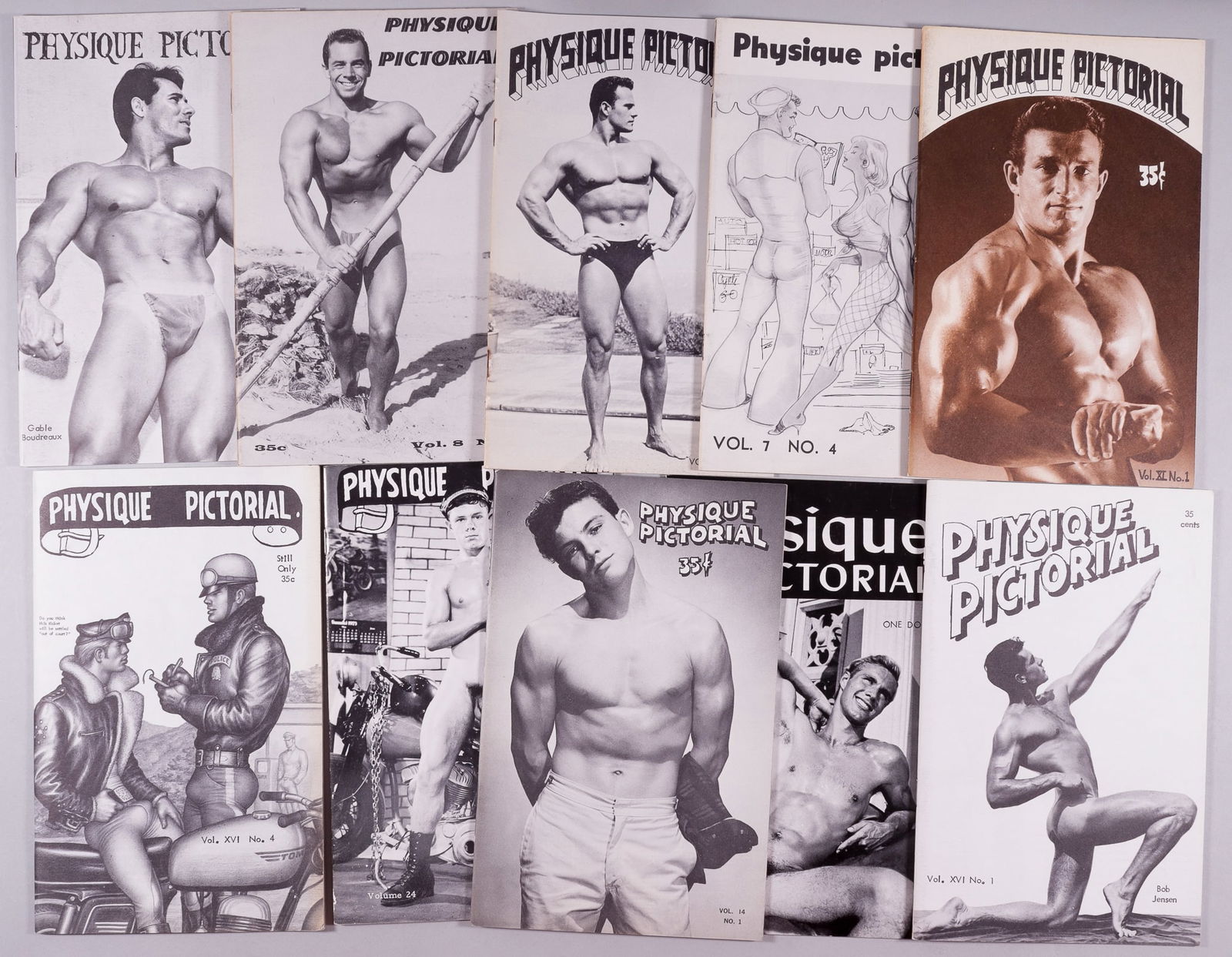 BOB MIZER PHYSIQUE PICTORIAL TOM OF FINLAND (BEEFCAKE): Ten original issues of Bob Mizer's (1922-1992) popular beefcake magazine Physique Pictorial. Includes the following issues: Winter 1957, vol. 7, March 1959, vol. 8, August 1961, vol. 11, February 1963