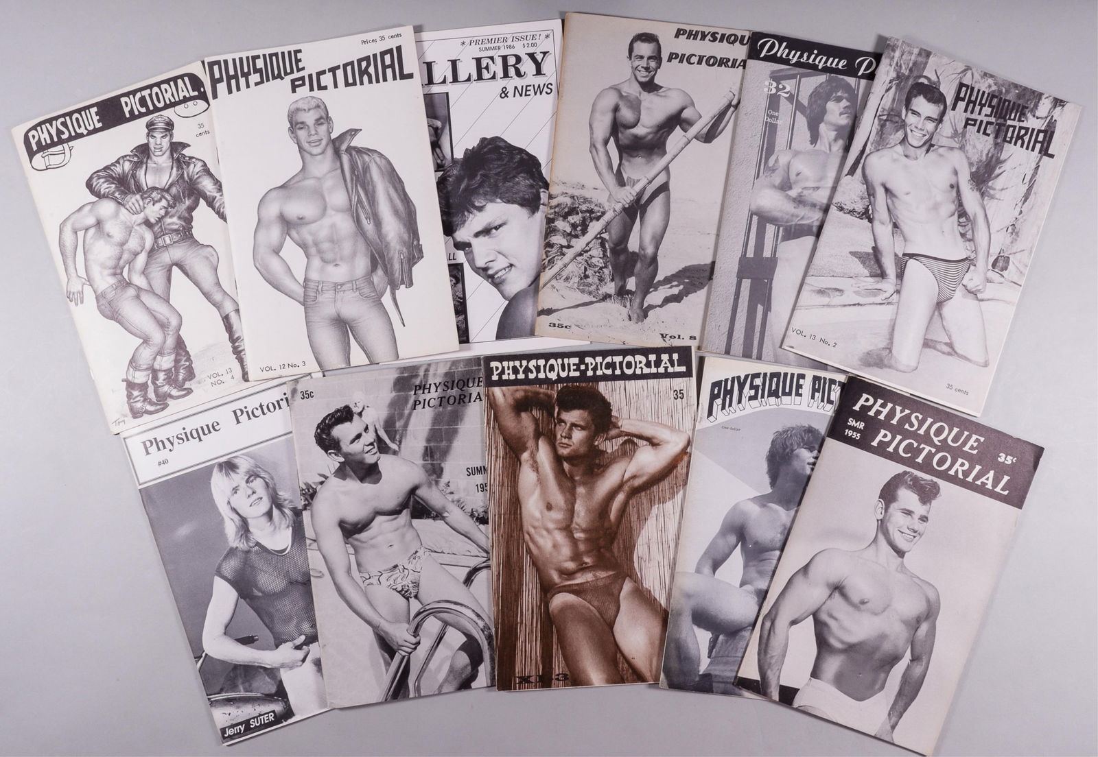 BOB MIZER PHYSIQUE PICTORIAL TOM OF FINLAND: Ten original issues of Bob Mizer's (1922-1992) popular beefcake magazine Physique Pictorial. Includes the following issues: Summer 1955, vol. 5, Summer 1957, vol. 7, Winter 1958, vol. 8, March 1962, v