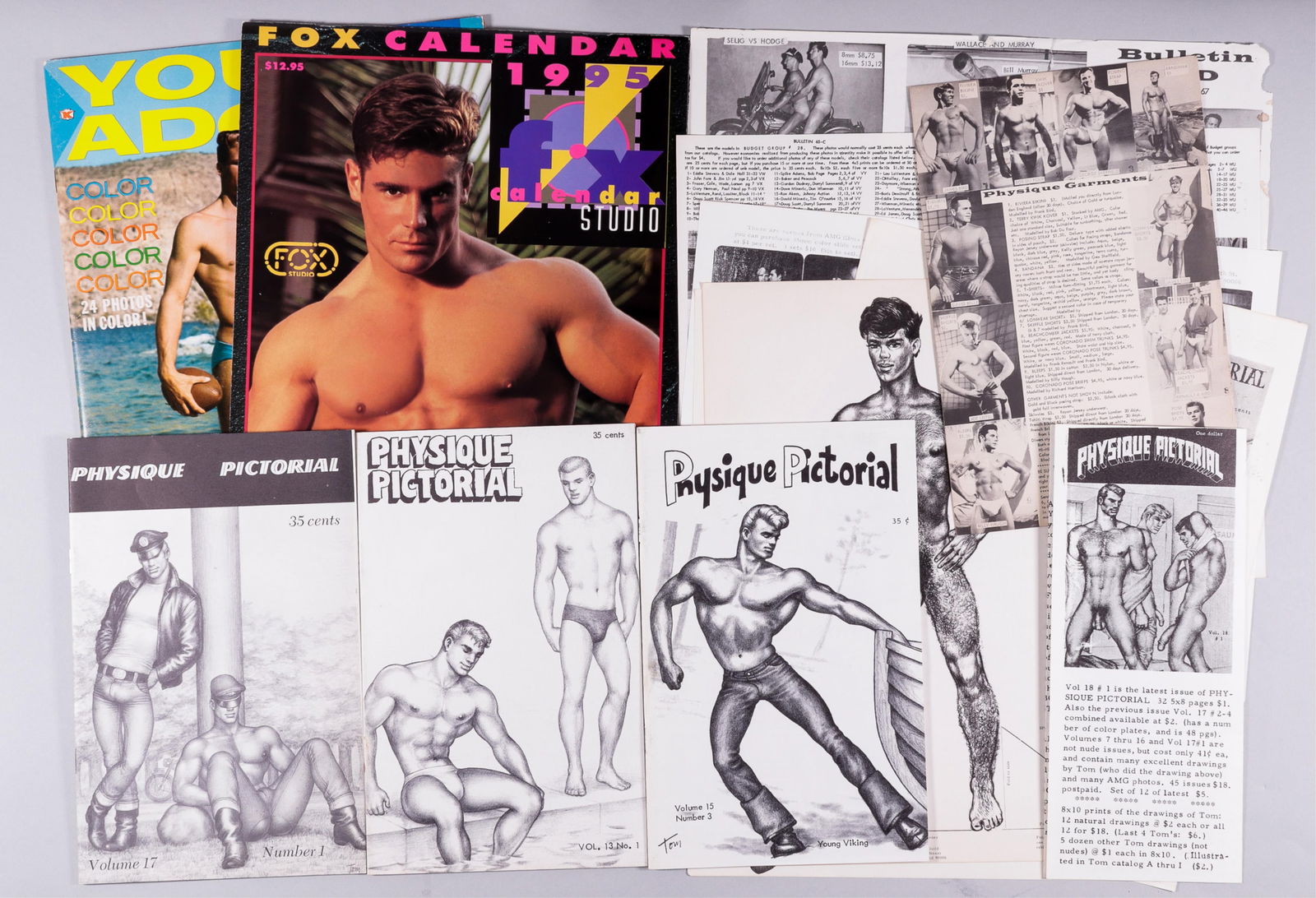 BOB MIZER PHYSIQUE PICTORIAL: Three issues of Bob Mizer's (1922-1992) Physique Pictorial, August 1963, vol.13, June 1966, vol 15, and July 1968, vol. 17. With four AMG Athletic Models Guild bulletin inserts, two Bob Mizer's Physiq