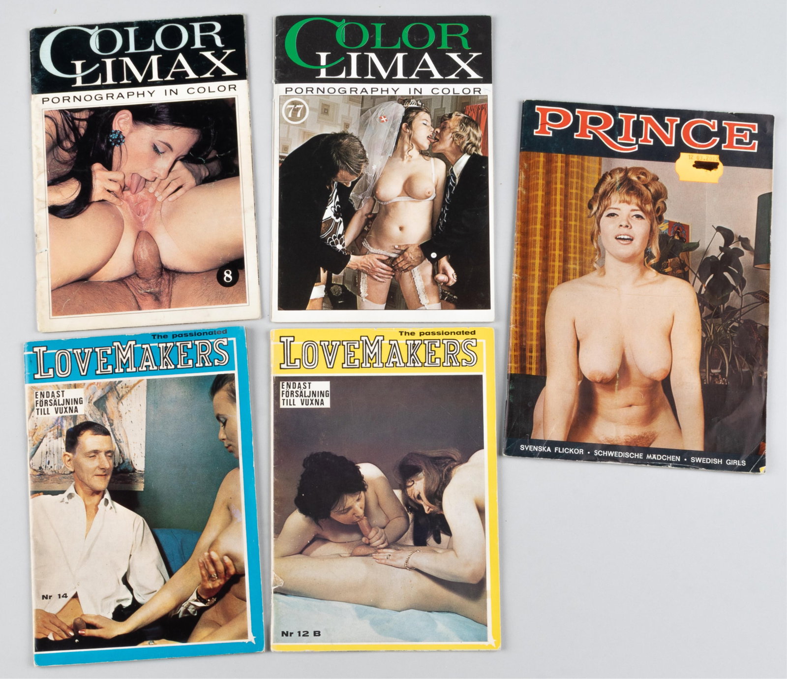 5 VINTAGE EUROPEAN CLASSIC X-RATED ADULT MAGAZINES: Five classic x-rated adult photo magazines, ca. 1970s. Includes Prince Nr. 5, Sweden (with an anti-vietnam prologue. Color Climax Nr. 8 and Color Climax Nr. 77, Denmark. Love Makers Nr. 12B and Love M