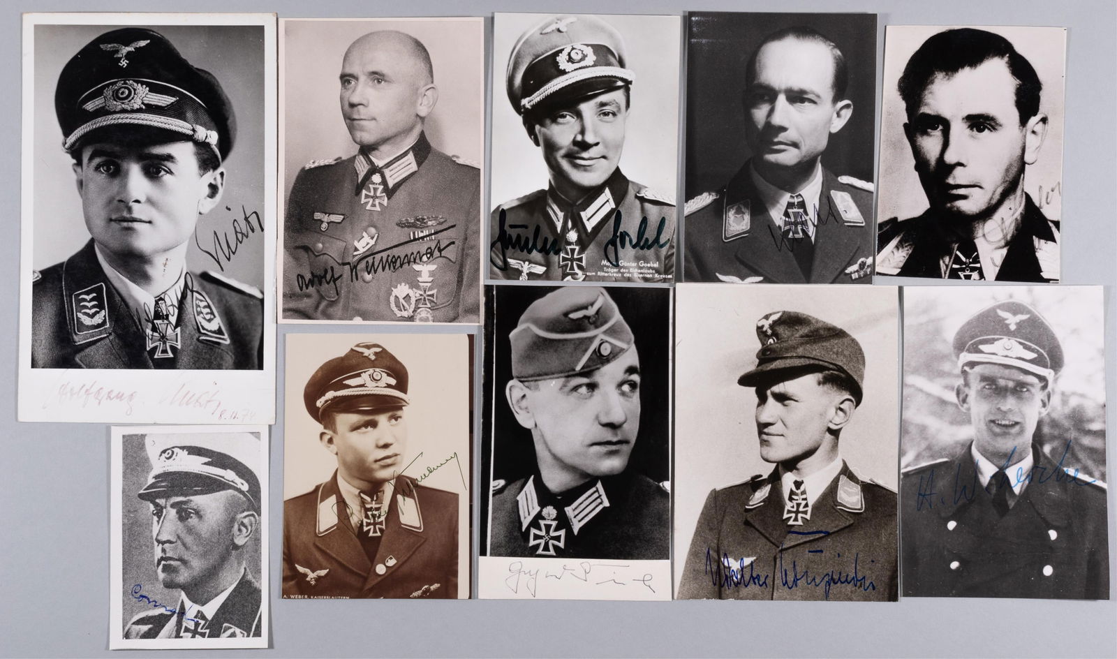 10 HEER AND LUFTWAFFE KNIGHTS CROSS RECIPIENTS: Ten Heer and Luftwaffe Knights Cross recipient autographs, including autographs from ADOLF WEITKUNAT (1895-1988), GUNTER GOEBEL (1917-1993), GERHARD PICK (1910-1987) signed card with photo attached, J