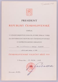 CZECHOSLOVAKIAN WWII WAR CROSS CITATION PARTISAN