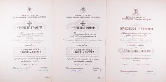3 BULGARIAN AWARD CERTIFICATES FOR SOVIET SOLDIERS