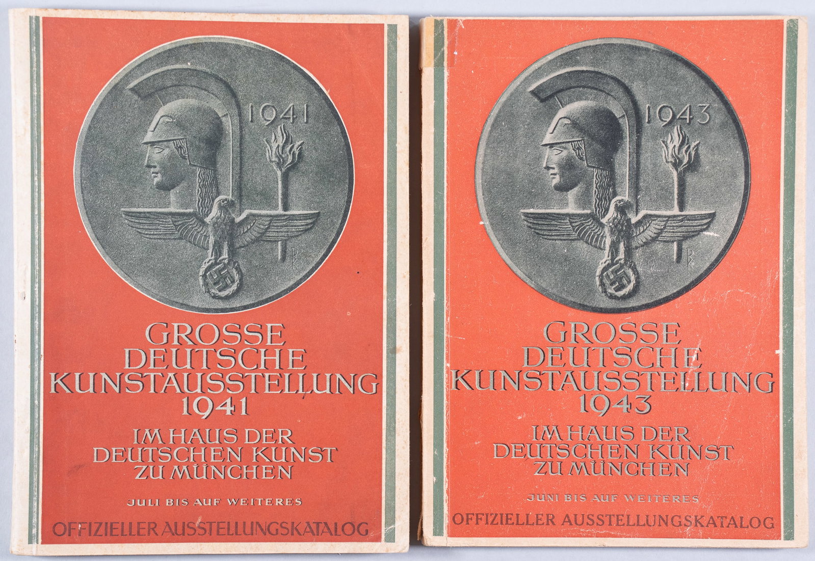 2 GREAT GERMAN ART EXHIBITION CATALOGS 1941 + 1943: Two catalogs for the Great German Art Exhibition in 1941 and 1943, 'Grosse Deutsche Kunstausstellung Im Haus Der Deutschen Kunst Zu Munchen,' Verlag F. Bruckmann KG, Munich. Softcover, heavily illustr