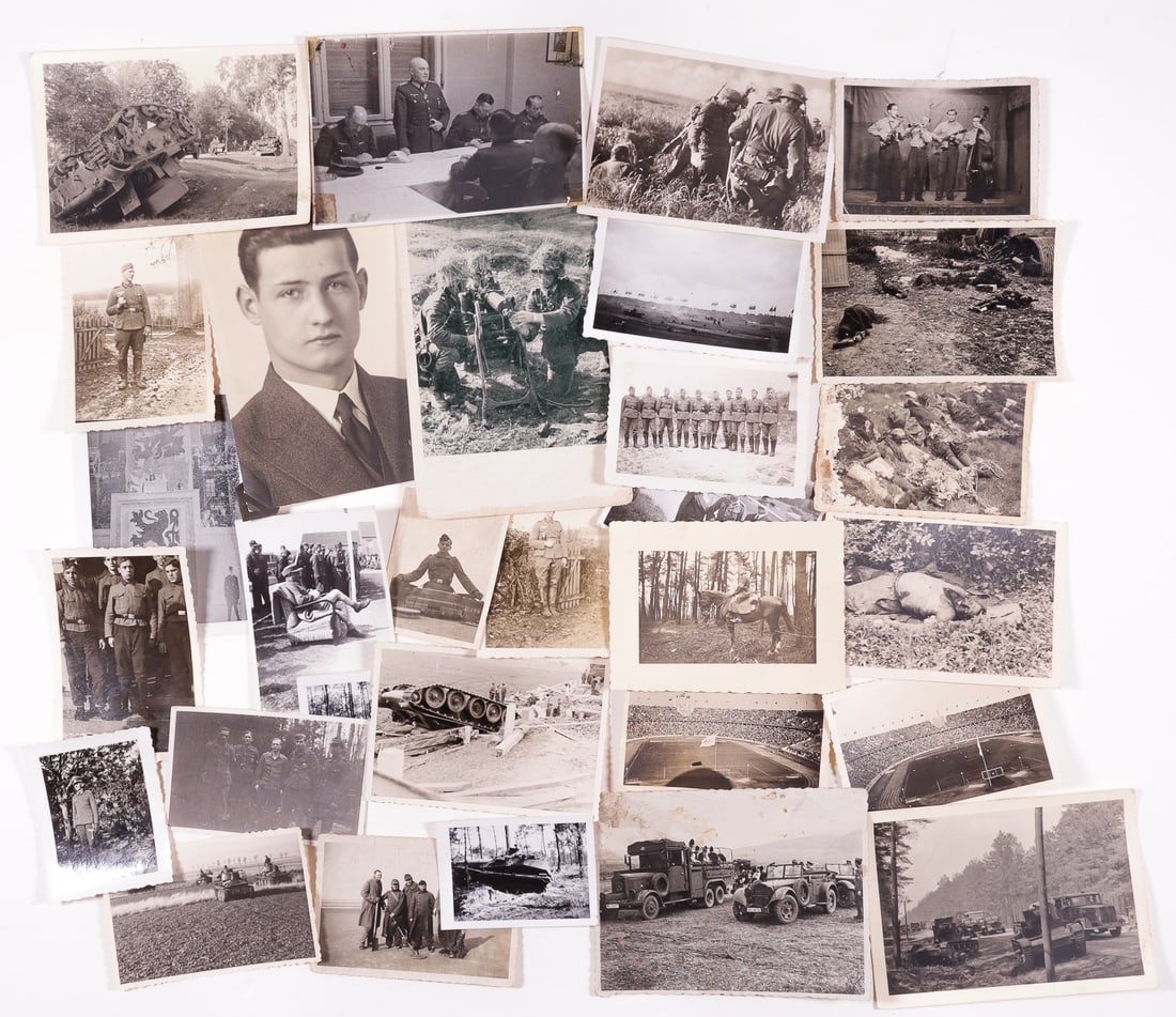 30 WWII GERMAN PHOTOGRAPHS: Thirty WWII German photographs, including two photos of dead soldiers, two photos of the 1936 Olympic Games, one Saarland ceremony photo, seven photos of vehicles and tanks, eighteen photos of German 