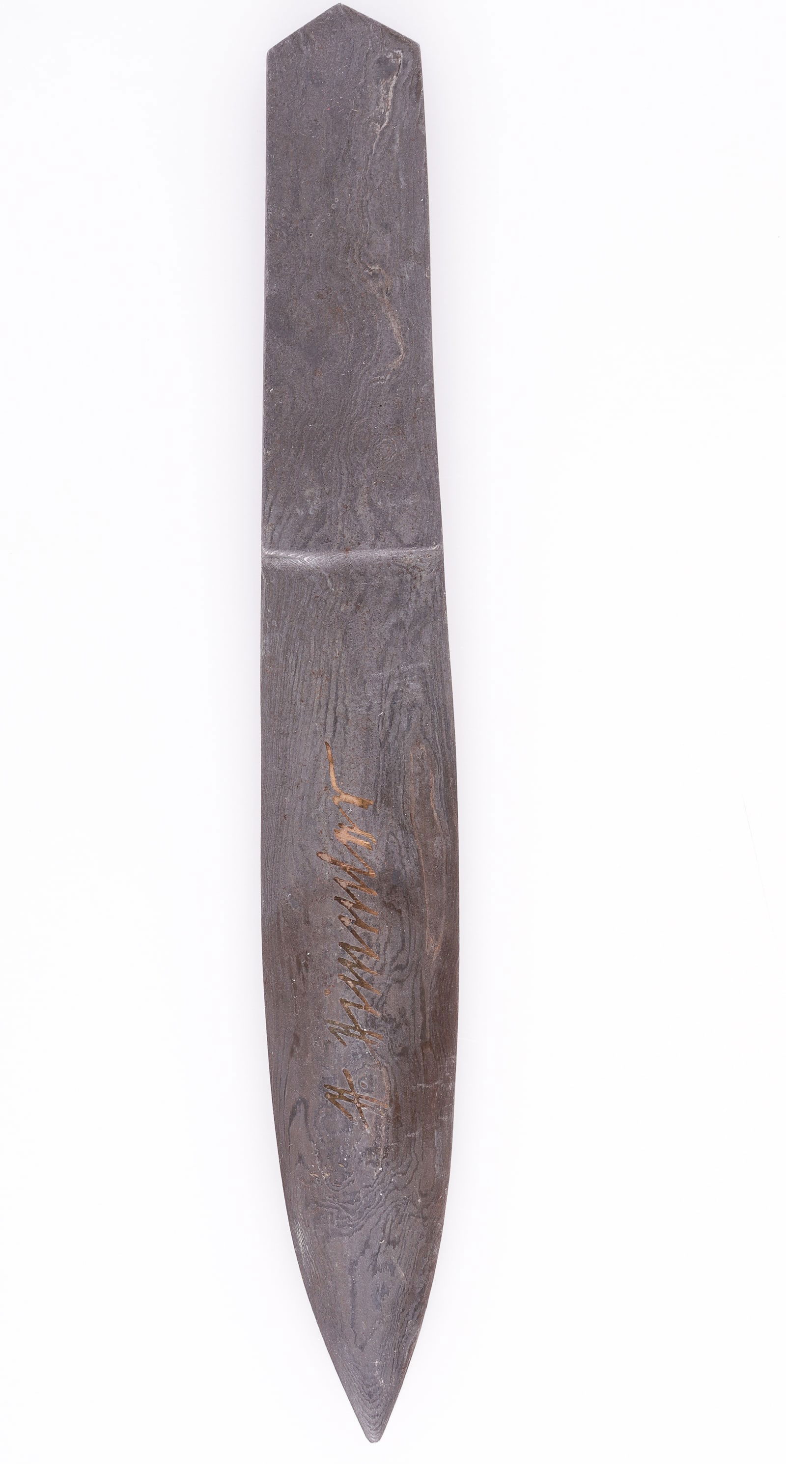 HEINRICH HIMMLER WAFFEN-SS DAMASCUS STEEL LETTER OPENER: Heinrich Himmler Damascus steel letter opener in the shape of a dagger blade, on the blade in gold lettering, reads 'H. Himmler,' the tang of the blade is stamped with gold SS runes, below reads 'Echt