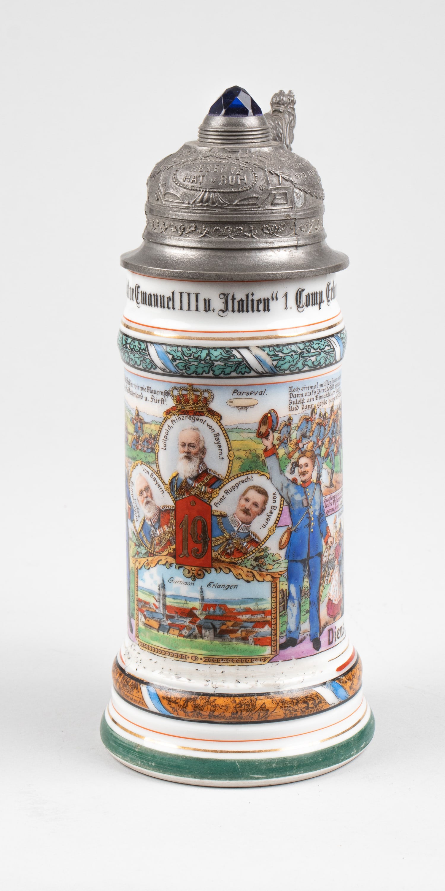 GERMAN RESERVIST'S REGIMENTAL LITHOPHANE BEER STEIN: German reservist's regimental lithophane beer stein, marked around the lid '19. Inft.-Rgt. Konig Victor Emanuel III u. Italien 1. Comp. Erlangen 1911-1913,' for the Royal Bavarian 19th Infantry Regime
