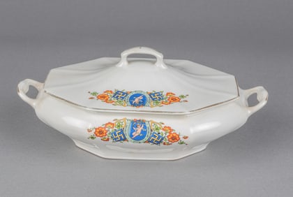 VINTAGE AMERICAN PORCELAIN CASSEROLE DISH W/ SWASTIKAS