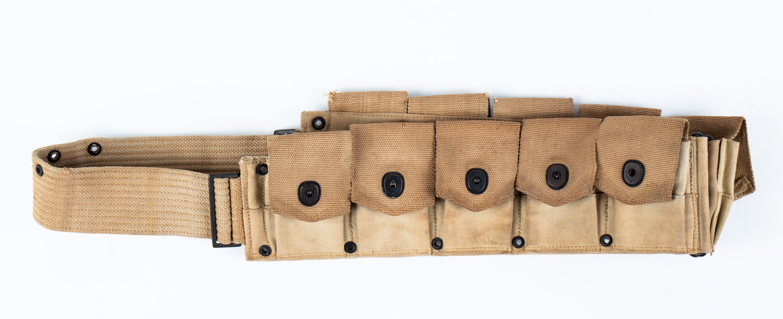 WWI AMERICAN P.B. & CO. BROWNING BELT: WWI American Browning belt, marked on the reverse 'P.B. & Co. / July 1918,' featuring two ammo pouches with six clip holders attached on each side. 48 inches long.