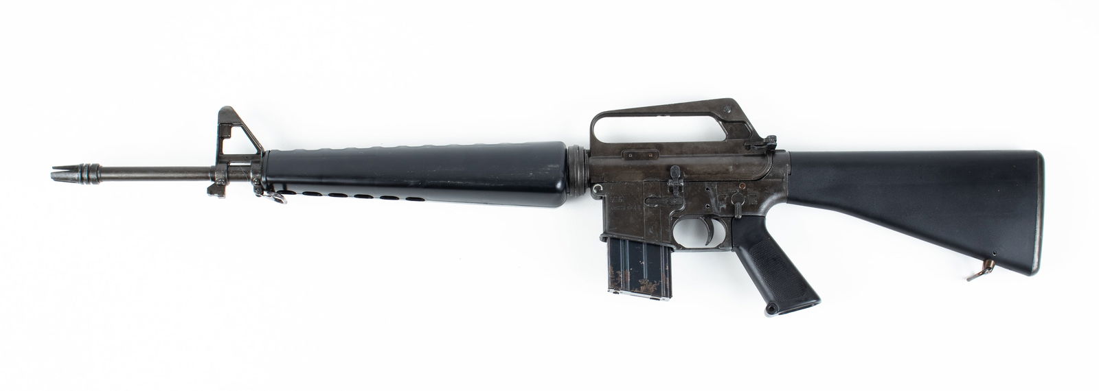 MGC M16E1 PROP ASSAULT RIFLE: Model Gun Corporation M16E1 Assault Rifle prop gun. Featuring all metal parts, except pistol grip and handguards, and butt-stock, like the original. Operates like the real thing, semi-auto fire, full