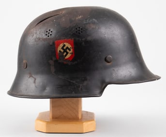 WWII BATTLE DAMAGED GERMAN M34 FIRE POLICE DOUBLE DECAL HELMET VET BRING BACK