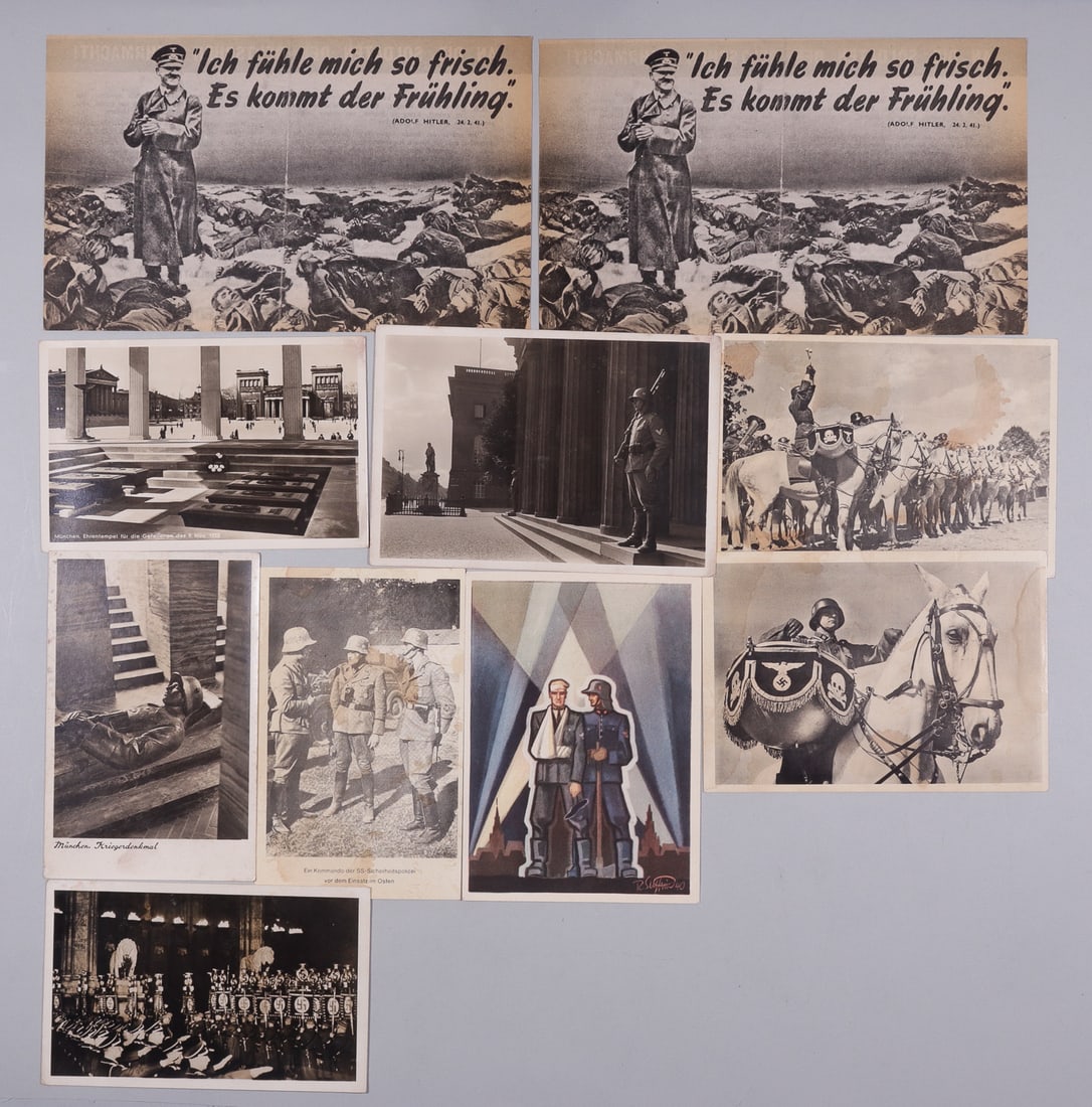 8 WWII WAFFEN-SS POSTCARDS: Eight WWII Waffen-SS postcards, five of SS soldiers, some on horseback, two of the Ehrentempel, and one illustrative postcard for the SS police. Also, with two Hitler propaganda leaflets.