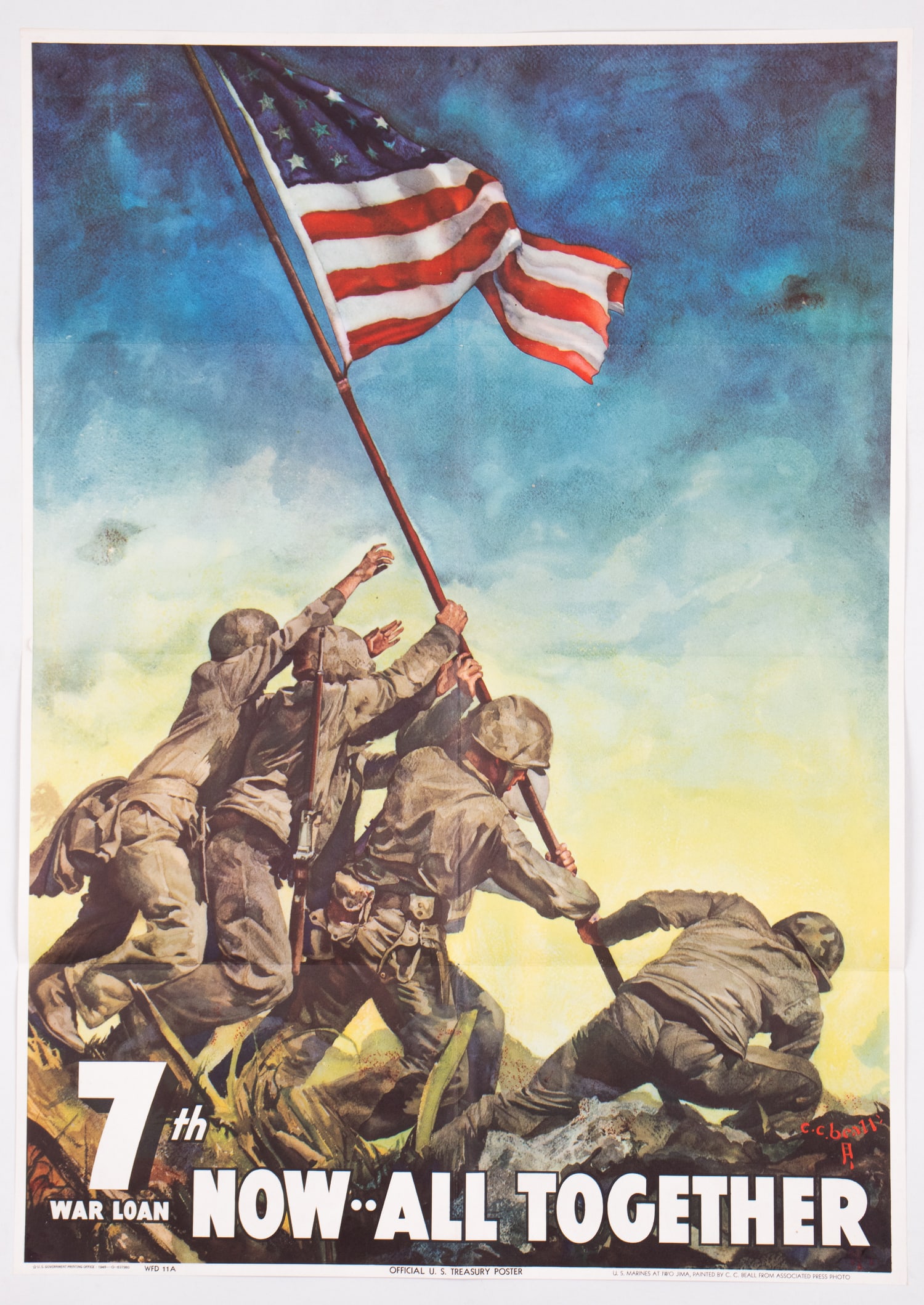 WWII AMERICAN 7TH WAR BOND IWO JIMA POSTER: WWII American 7th War Bond Iwo Jima poster, reads '7th War Loan / Now -- All Together,' artwork by Cecil Calvert Beall (1892-1970), U.S. Government Printing Office 1945-O-637980, mailing folds, 18.5 x
