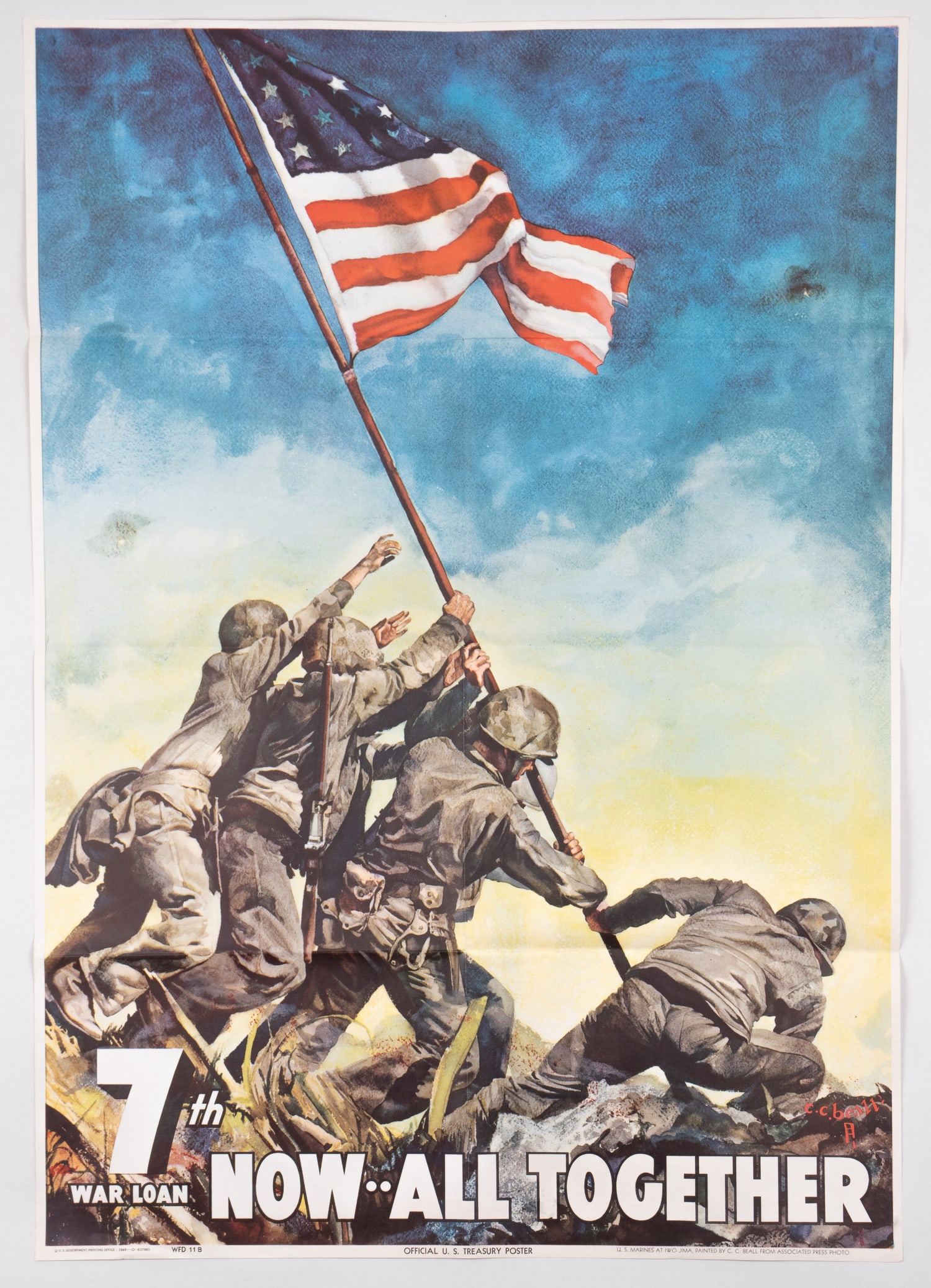 WWII AMERICAN 7TH WAR BOND IWO JIMA LARGE POSTER: WWII American 7th War Bond Iwo Jima large poster, reads '7th War Loan / Now -- All Together,' artwork by Cecil Calvert Beall (1892-1970), U.S. Government Printing Office 1945-O-637980, mailing folds,