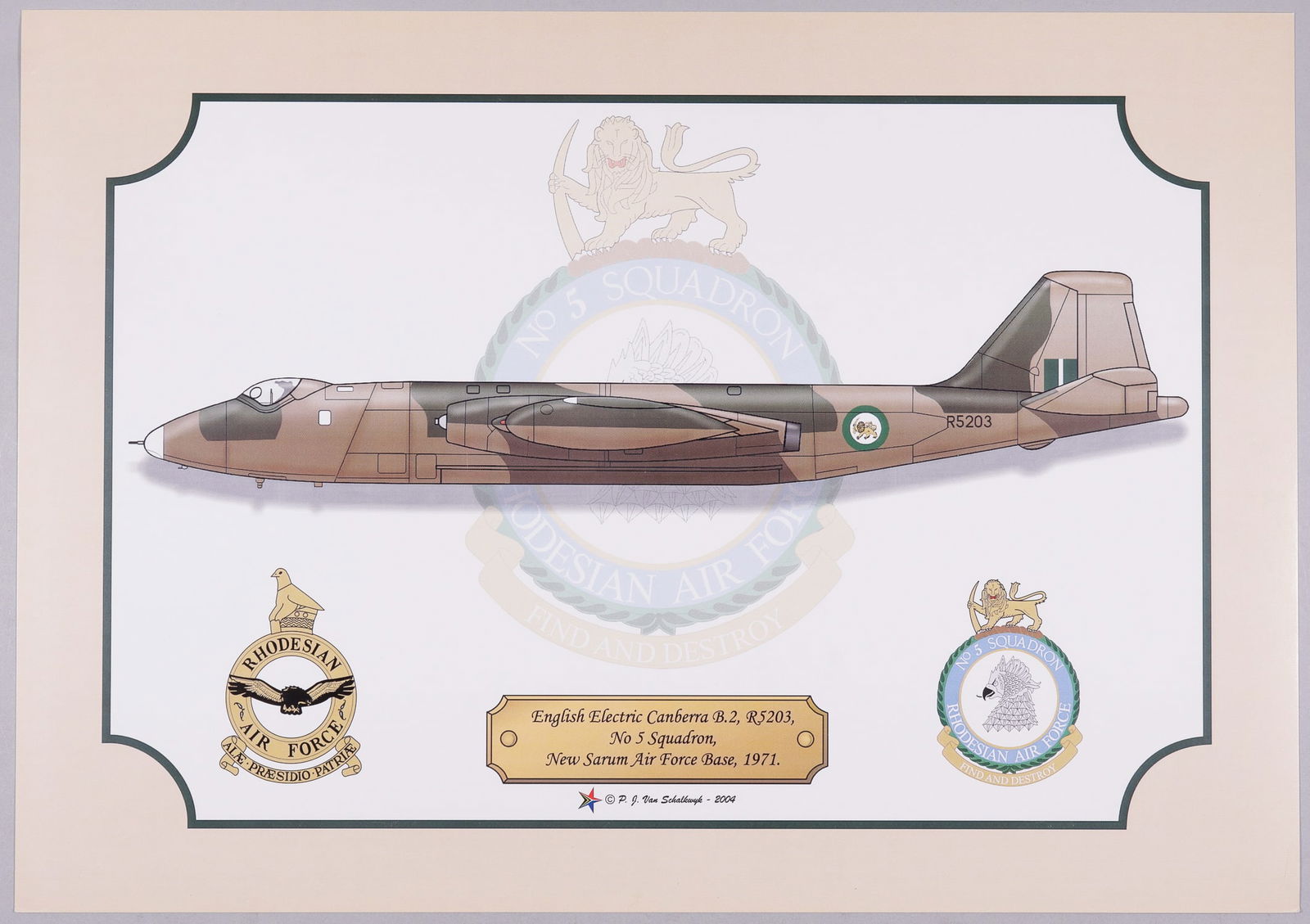 11 VINTAGE RHODESIAN MILITARY POSTERS: Eleven vintage Rhodesian military posters, including five featuring Rhodesian Air Force aircraft, four with illustrations of Rhodesian awards, and two with images of the Bush War. The largest poster i