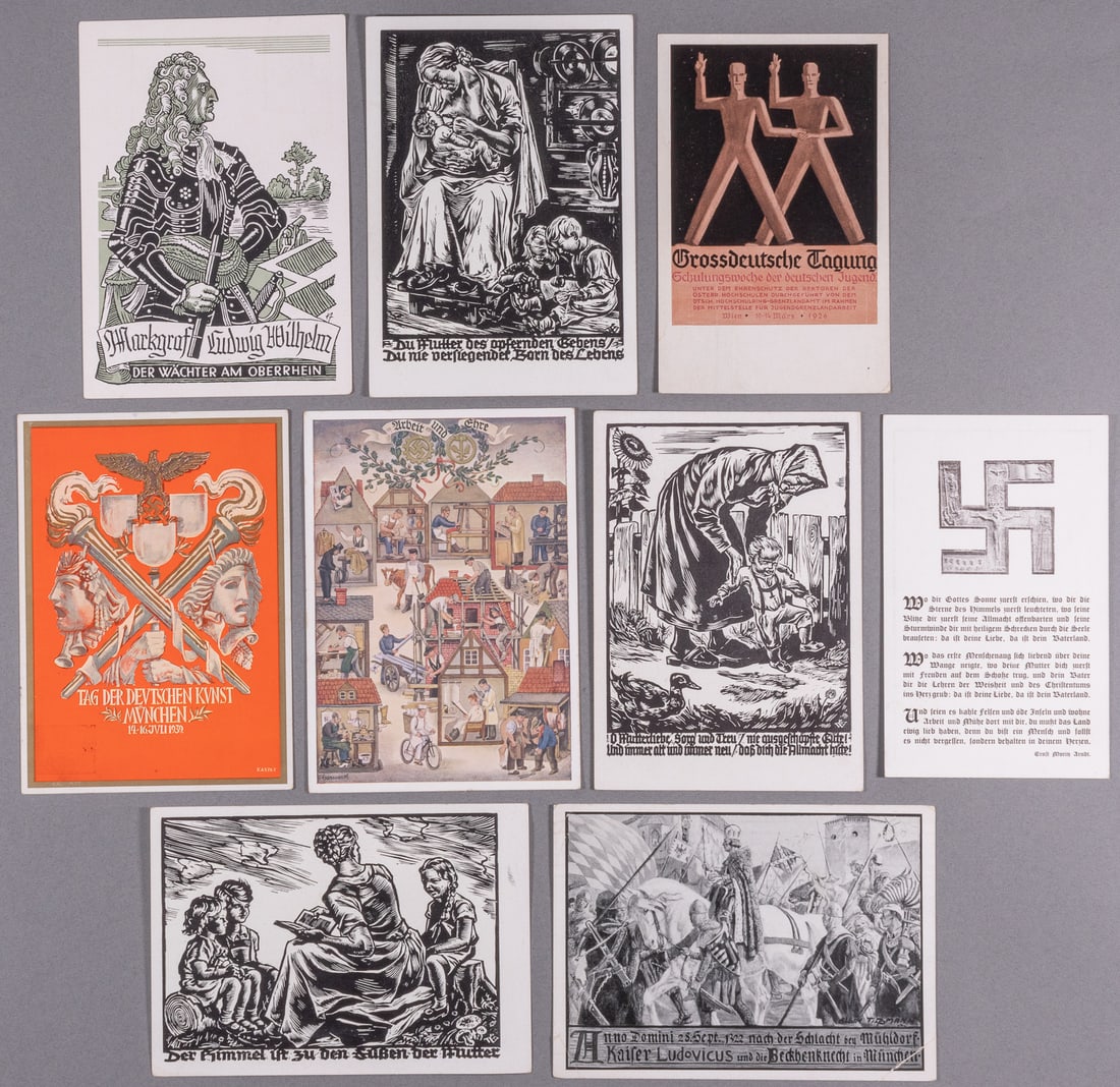 9 WWII GERMAN PROPAGANDA POSTCARDS: Nine WWII German propaganda postcards, including artistic cultural illustration postcards, a swastika postcard, and a DAF postcard. Two with postage stamps, one with a cancellation stamp.