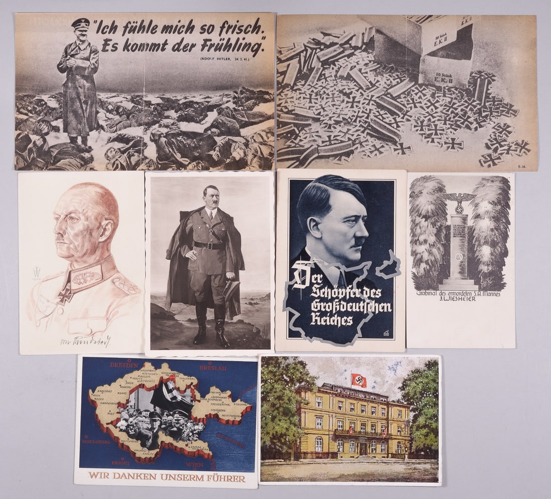 6 WWII NAZI PARTY AND HITLER POSTCARDS: Six Nazi Party and Hitler postcards, including three postcards with Hitler in them, a Willrich postcard of Gerd von Rundstedt, a postcard of the Braune House, and one with an SA memorial statue on it.