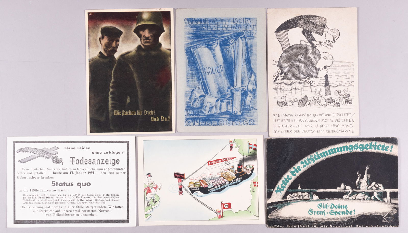 6 WWII ANTI-ENGLISH GERMAN PROPAGANDA POSTCARDS: Six WWII anti-English German propaganda postcards, including a blockade postcard, a Chamberlain and Churchill caricature postcard, three illustrated postcards, and one about the obituary for the Germa