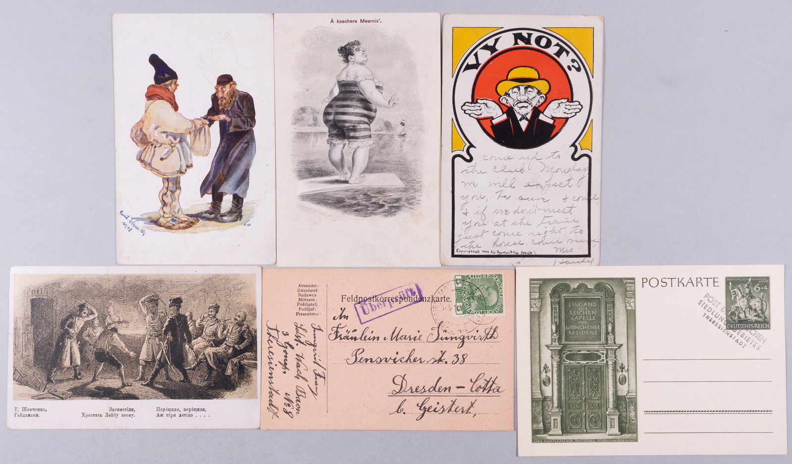 6 JUDAICA PROPAGANDA POSTCARDS: Six Judaica propaganda postcards, including four German, one American, and one Russian.