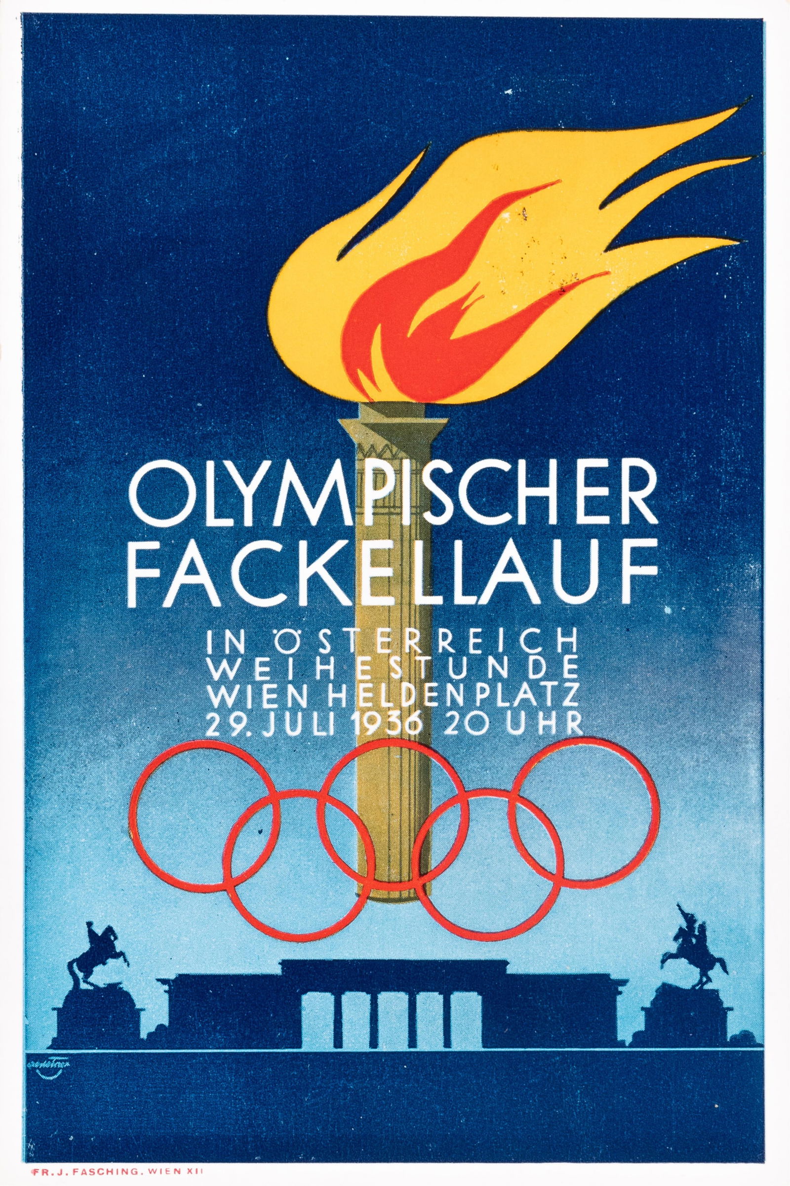 1936 AUSTRIA BERLIN OLYMPIC TORCH RUN POSTCARD: 1936 Austrian postcard commemorating the passage of the Olympic Torch Relay through Austria during the 1936 Berlin Olympics. 'Olympischer Fackellauf / In Oesterreich Weihestunde Wien Heldenpla