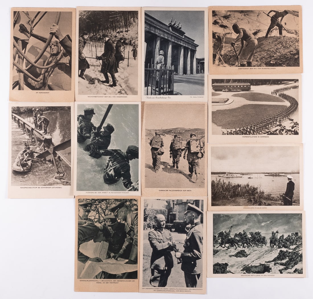 11 WWII GERMAN SOLDIER POSTCARDS: Lot of eleven WWII German Wehrmacht postcards published by Verlag 'Die Wehrmacht.' Two postally circulated postcards. Approx. 4.25 x 6 inches for each postcard.