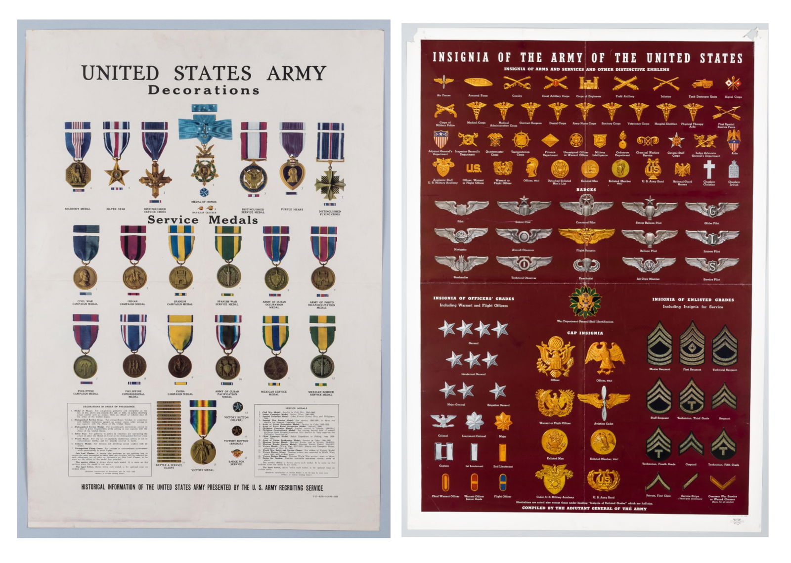 ORIGINAL WWII US ARMY DECORATIONS AND INSIGNIA POSTERS: Two WWII American posters, including 'United States Army / Decorations,' P-27-RPB-8-20-41-50M, mailing folds and minor creasing around the margins, and 'Insignia of the Army of
