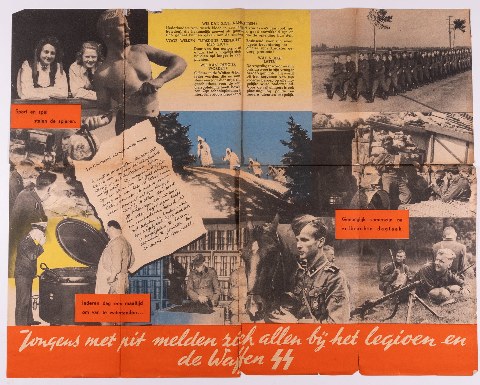 WAFFEN-SS ERSATZKOMMANDO DUTCH VOLUNTEER LEGION RECRUITMENT PAMPHLET: Dutch Volunteer Legion Waffen-SS Ersatzkommando Niederlande fold-out recruitment pamphlet, 'Dat's 'n Leven van Stavast.' German propaganda recruitment pamphlet aimed at