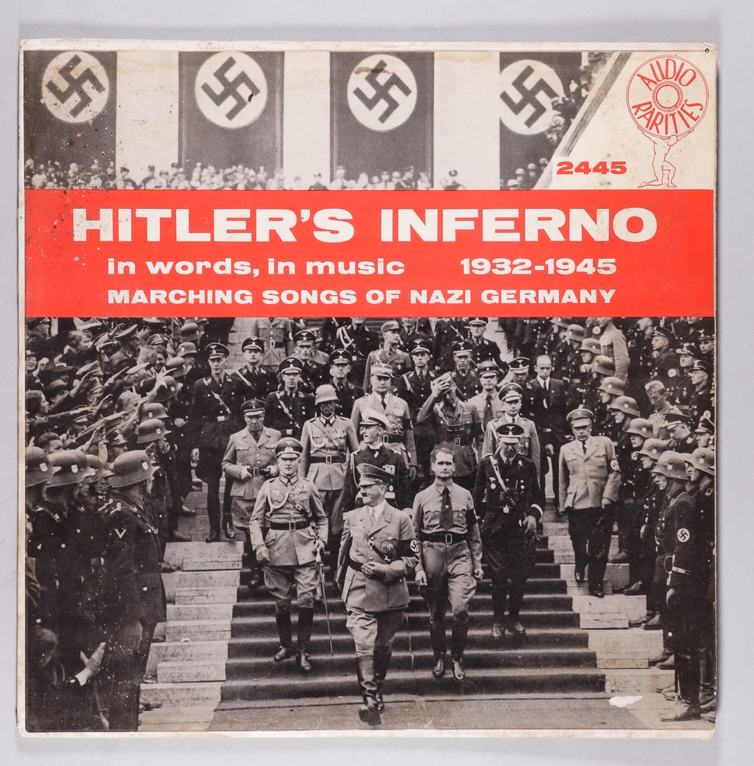 HITLER'S INFERNO - MARCHING SONGS OF NAZI GERMANY RECORD DISC - NARRATION BY BILL FORREST: Hitler's Inferno - In words, in music - 1932-1945 - Marching Songs of Nazi Germany, narrated by Bill Forrest, production staged by Mary Jo Devlin, not checked for recording. 12.25 x 12.25 inches.