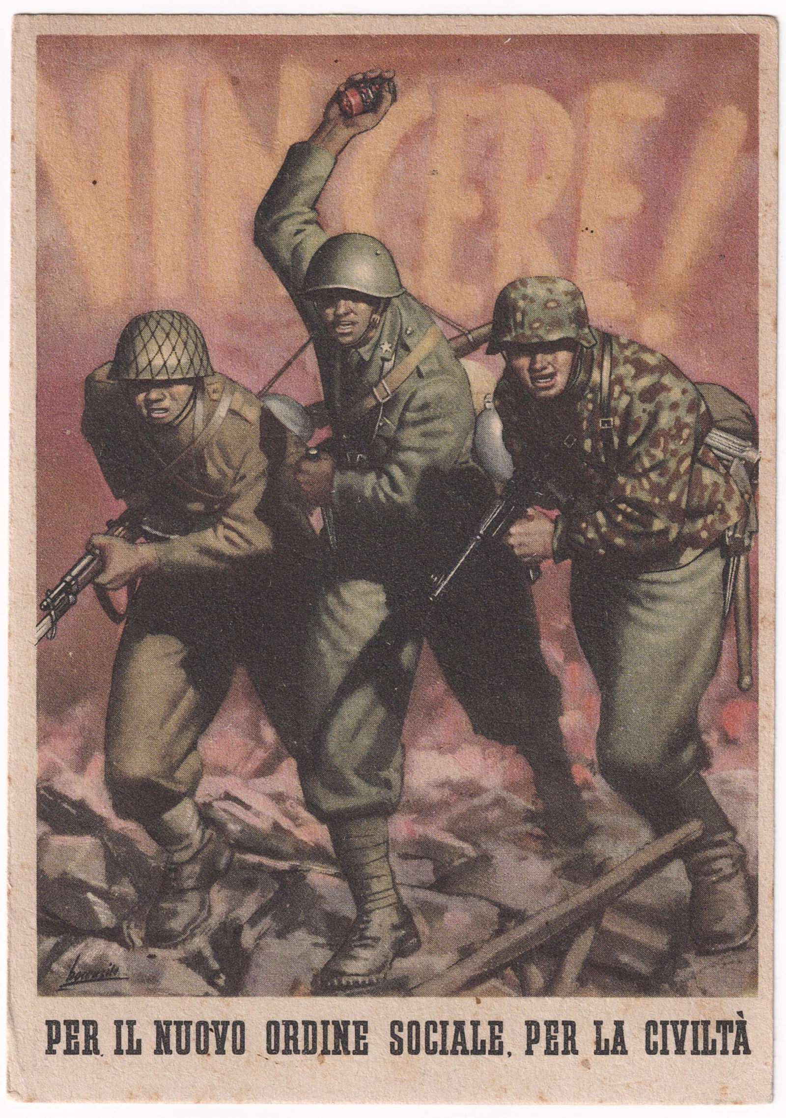 WWII ITALIAN FASCIST SS PROPAGANDA POSTCARD BY GINO BOCCASILE (1 of 2)