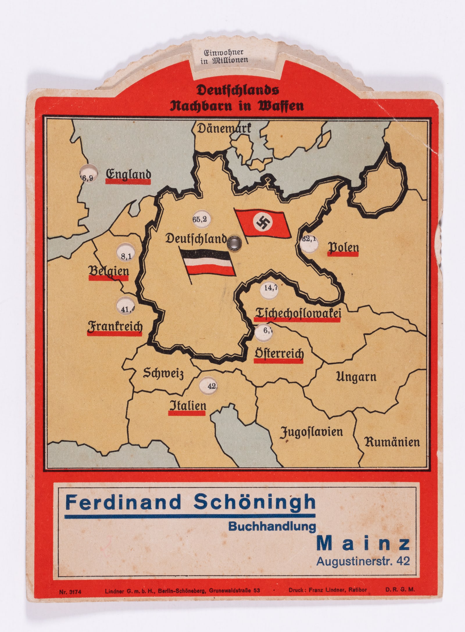 WWII GERMAN PROPAGANDA MECHANICAL SPINNER CARD FOR HITLER YOUTH: WWII German propaganda card with an interactive moveable wheel intended for Hitler Youth. The card shows a map with Germany at the center and details about the military force of neighboring states wit