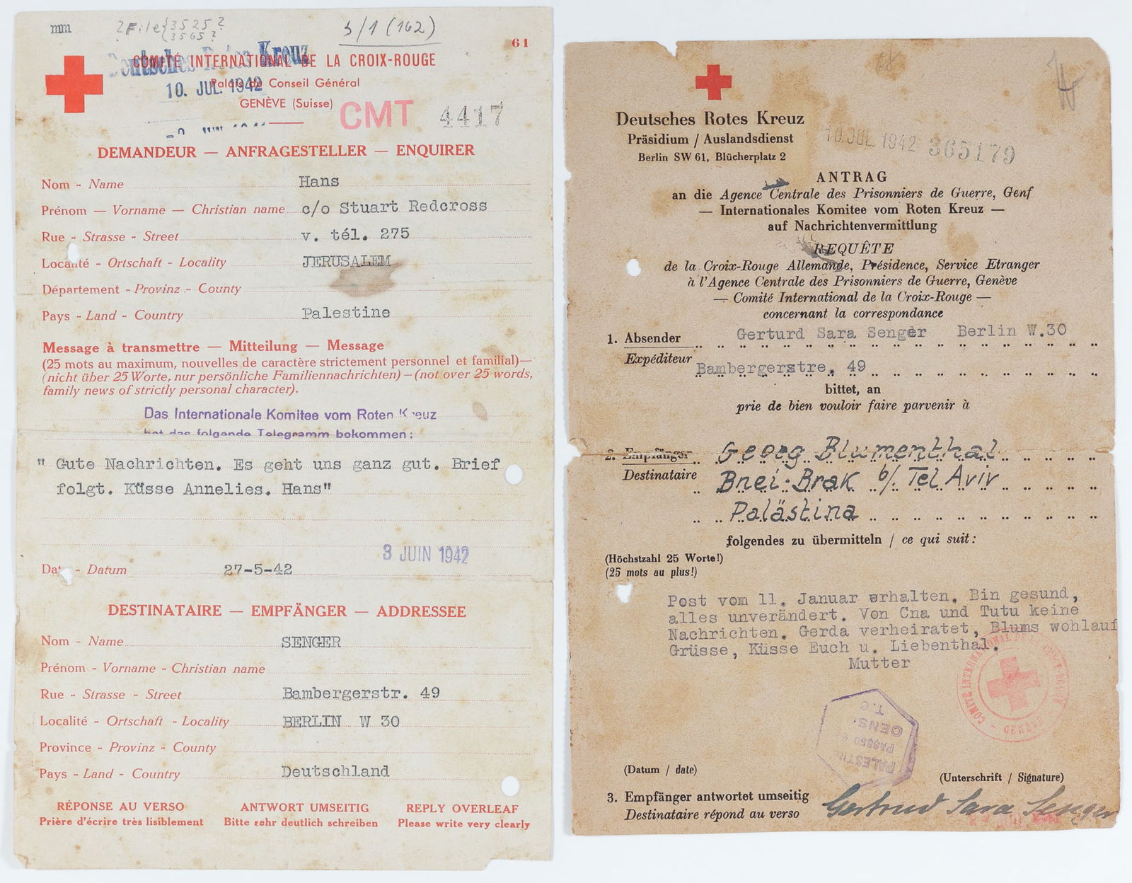 WWII RED CROSS LETTERS FROM JEWS IN PALESTINE AND GERMANY (1 of 6)
