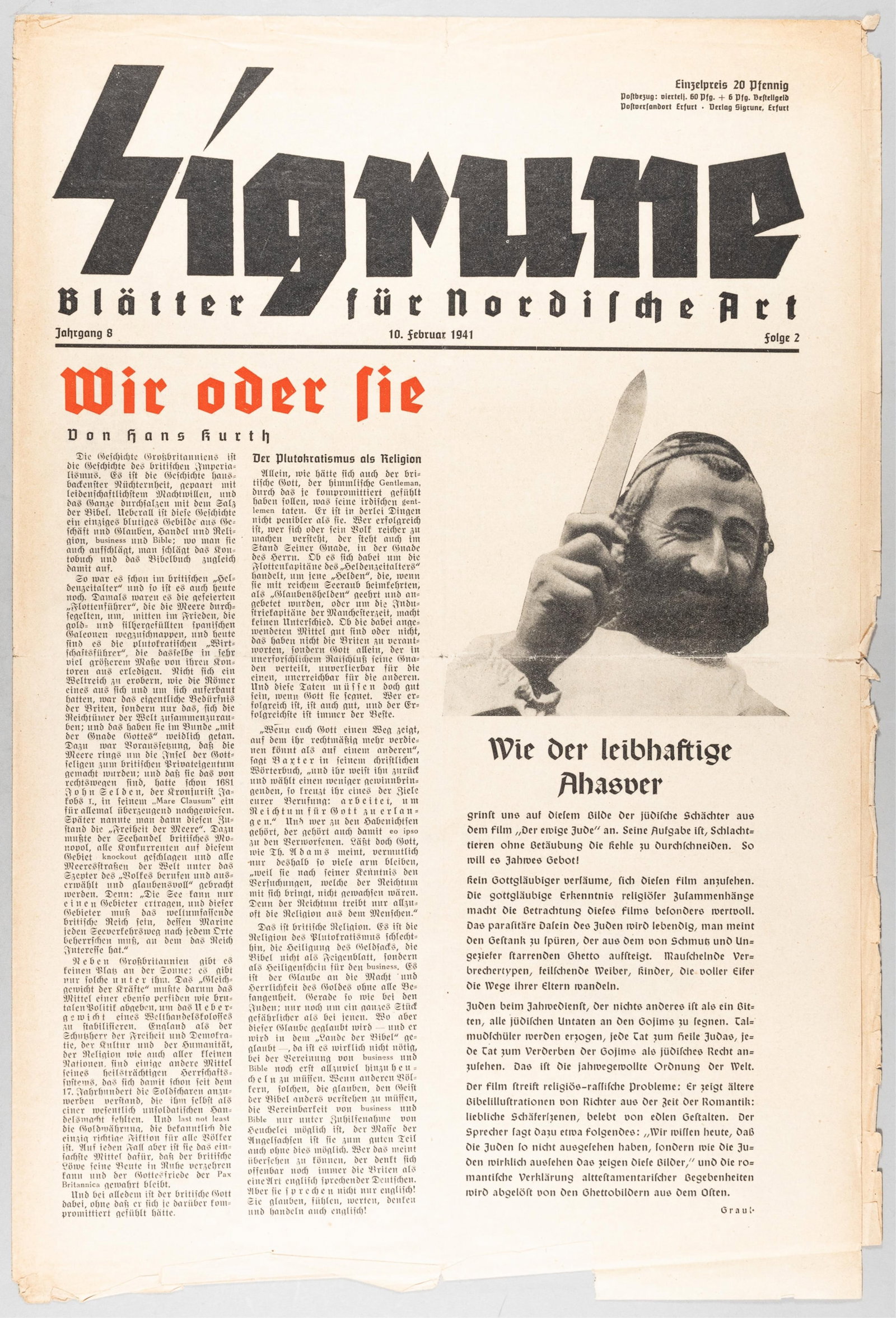 WWII 1941 SIGRUNE NEWSPAPER FOR THE NORDIC TYPE - AHASVER: Third Reich newspaper 'Sigrune Blatter fur Nordische Art - Sigrune Newspaper for Nordic Type. Issue year 8, number 2, February 10, 1941, front cover features a b/w image of Ahasver, the Wander