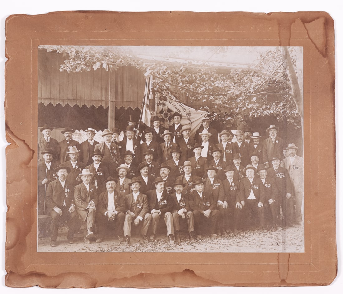 WWI GERMAN VETERANS OF NEW YORK: WWI photo of a group of German Veterans in New York, most likely taken during the interwar period. Most of the members in the photograph have medals affixed on their jackets featuring medals like the 