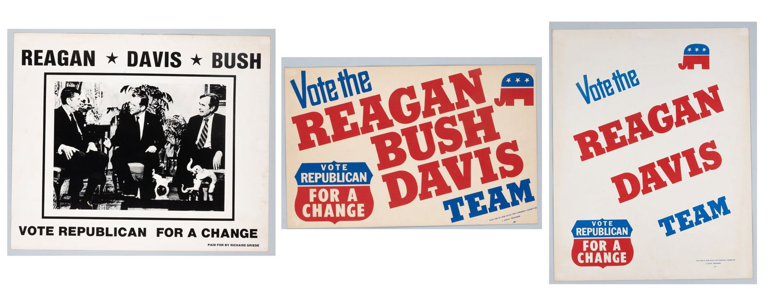 3 RONALD REAGAN 1984 PRESIDENTIAL ELECTION CAMPAIGN POSTERS: Three Ronald Raagan Republican 1984 Presidential campaign posters featuring Ronald Reagan for President, George H. W. Bush for Vice President, and Rick Davis as their strategic analyst. 'Reagan,
