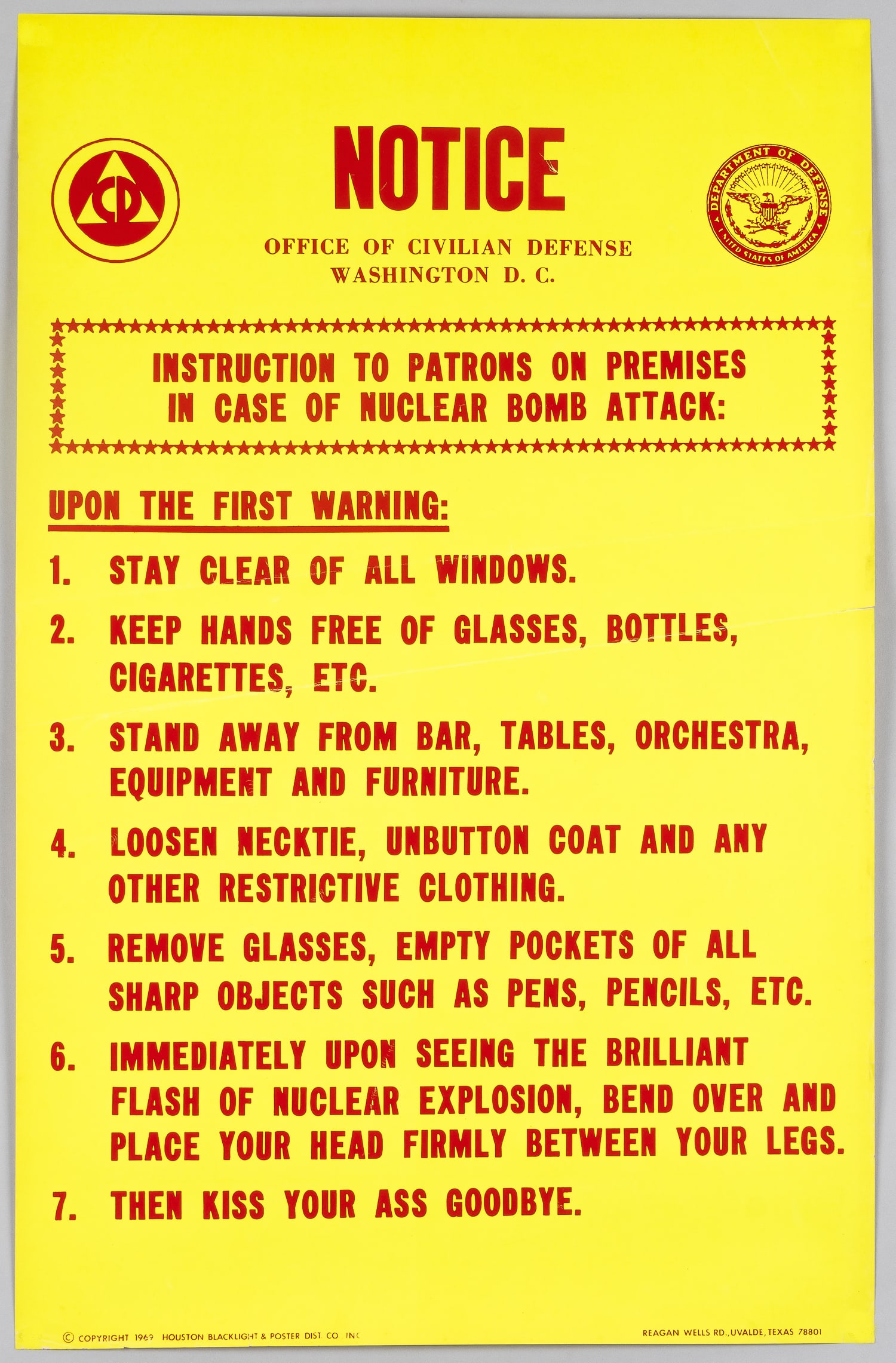 ANTI-NUCLEAR WAR KISS YOUR ASS GOODBYE POSTER: A 1970s anti-nuclear war protest satire poster outlining rules for nuclear explosion. The last rule reads, '7. Then kiss your ass goodbye.' The poster spoofs the U.S. Department of Defense's Civil Def