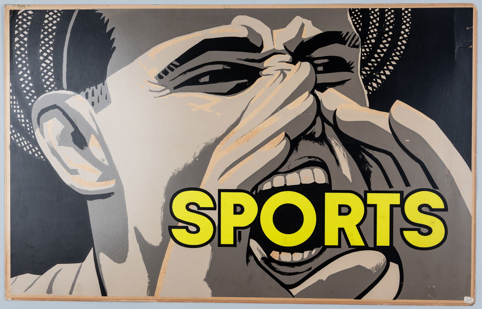 1930S AMERICAN STOCK SPORTS POSTER: 1930s America stock sports poster, features a man with his hands cupped around his mouth and reads 'Sports.' The poster is affixed to a board, with minor chips around the margins. 44.25 x 28 inches.